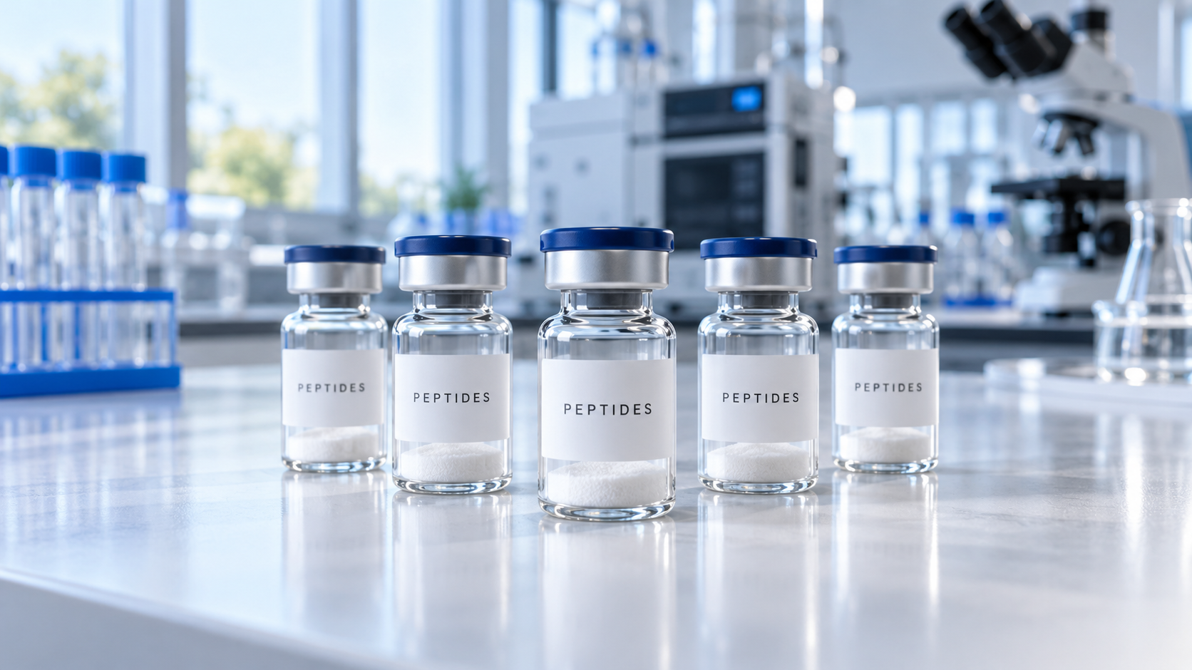 Illustrative peptide vials in a laboratory setting