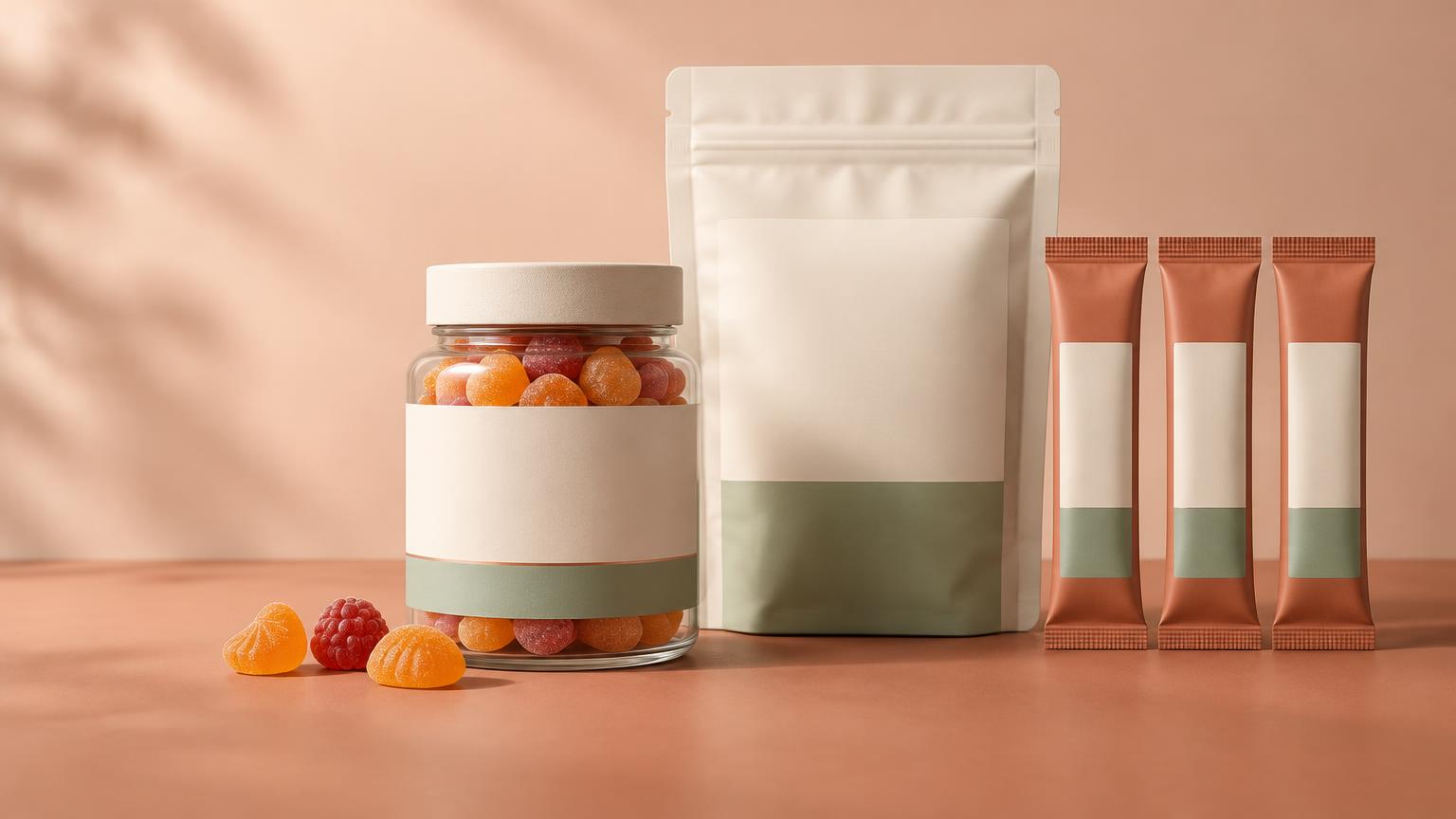 Illustrative gummies, powder pouch and single-serving packaging