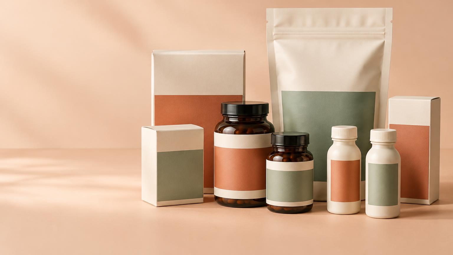 Illustrative coordinated retail bottles, cartons and pouch packaging